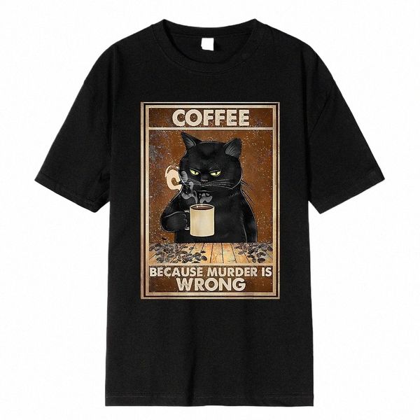 café porque assassinato é wrg gato preto bebidas café engraçado camiseta oversized hip hop t camisa cott topos mangas curtas para homem o6A7 #