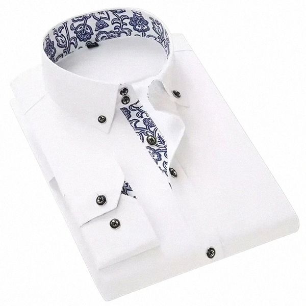 Camisa clássica de gola Cott para homens, porcelana azul e branca Fi estilo coreano Dr camisas para homens camisa casual de manga LG W85D #