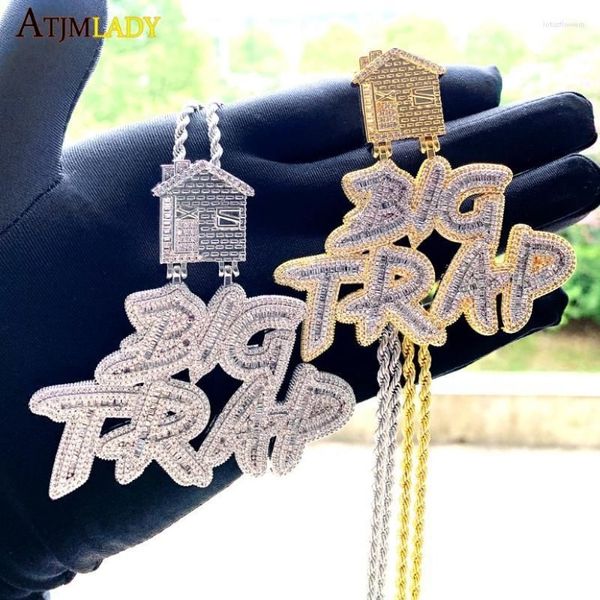 Ketten Iced Out Bling 5A Kubikzircon Voll gepflastert Große Falle Haus Anhänger Halskette Hip Hop Zweifarbige Farbe Überzogene Männer Coole SchmuckCha301U