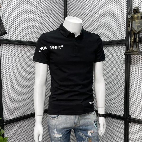 Polos masculinos streetwear roupas gráficas fino ajuste com gola camiseta para homens alfabeto masculino polo t camisas preto topo elegante atacado chique