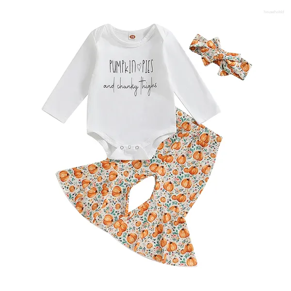 Conjuntos de roupas de ação de graças infantil bebê menina roupas carta impressão manga longa macacão abóbora flare pant headband outfit