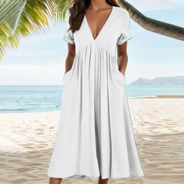 Lässige Kleider Sommer Weißes Kleid Damen 2024 in formellem Anlass Baumwolle Leinen Lose Feste Midi Vestidos