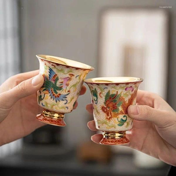 Copos pires estilo chinês cerâmica esmalte colorido dourado dragão e phoenix mestre caixa de presente chá para presentes coleção cha hai
