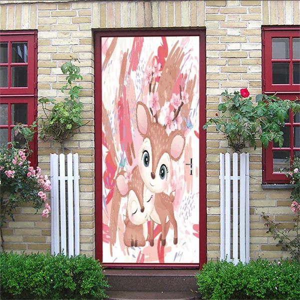 Adesivi Adesivo per porta cervo cartone animato Simpatico cervo Sika Madre e figlia Adesivo per porta Alce Fiori rosa Carta da parati murale Decorazioni per la casa