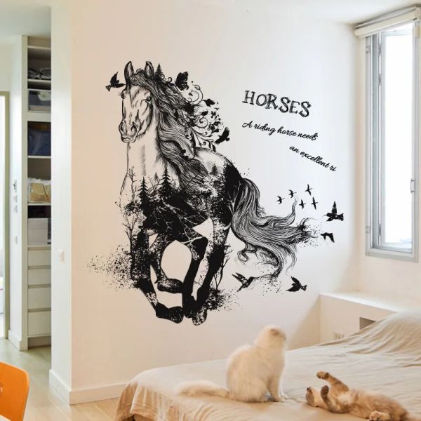 Adesivos preto corrida de cavalo removível dos desenhos animados adesivos de parede sala estar sofá fundo decoração para casa adesivo mural