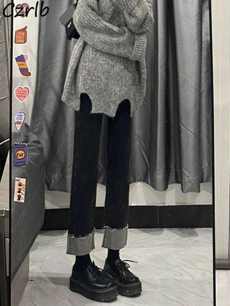 Jeans femininos cintura alta tornozelo comprimento mulheres estilo coreano lazer simples punhos sólidos moda all-match chique denim reto estudantes soltos