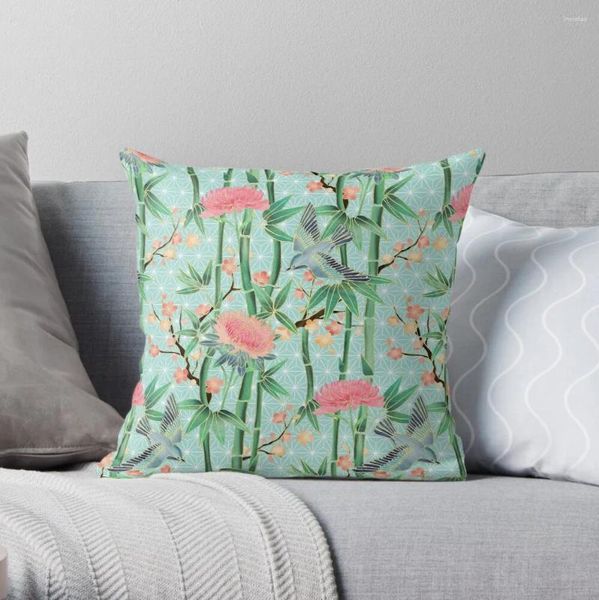 Kissen mit Bambus-Vögeln und Blüten – weicher blau-grüner Überwurfbezug, Polyester-Kissenbezug für Sofa, Heimdekoration