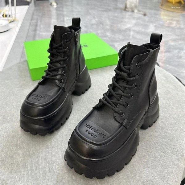 Stivali invernali da donna alla caviglia moda sneakers alte con lacci per donna scarpe da esterno causali con punta quadrata e tacco grosso con plateau