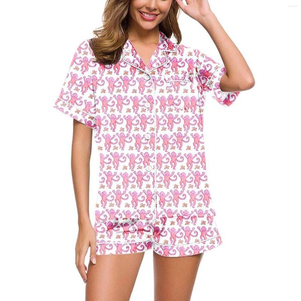 Damen-Nachtwäsche, Damen-Pyjama mit Affen-Aufdruck, kurzärmlig, Knopf, lustiges grafisches Hemd, Pyjama-Set, 2-teiliges Dessous