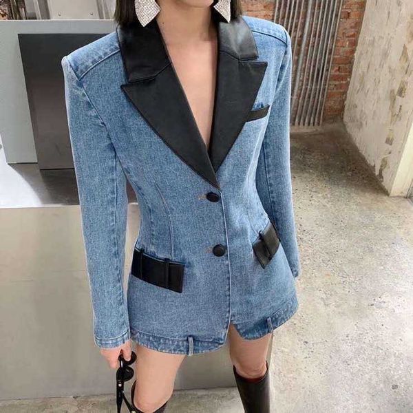 Undefiniert V-Ausschnitt PU-Leder Block Slim Fit Taille Show Skinny Denim Blazer Mantel Damen Jeansjacken für Damen