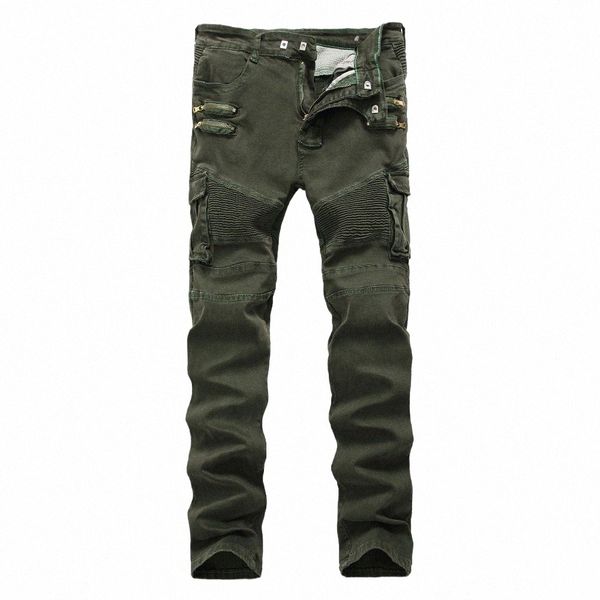 Jeans da motociclista strappati skinny da uomo con cerniera multi tasche Cargo Army Green militare Hip Hop Jeans da moto pieghettati Dropship 83K1 #