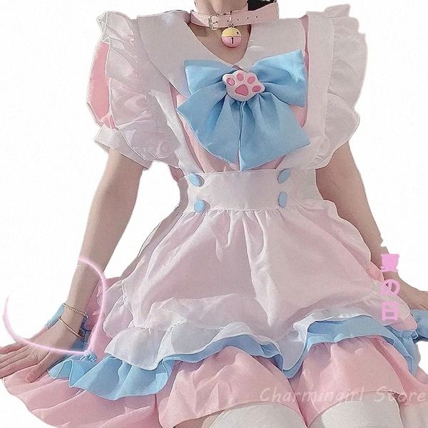 Plus Size 5XL Mulheres Maid Outfit Cosplay Anime Lolita Costume Cute Cat Pink Blue Lace Trim Apr Cat Paw Lolita Dres Conjunto completo 05PQ #