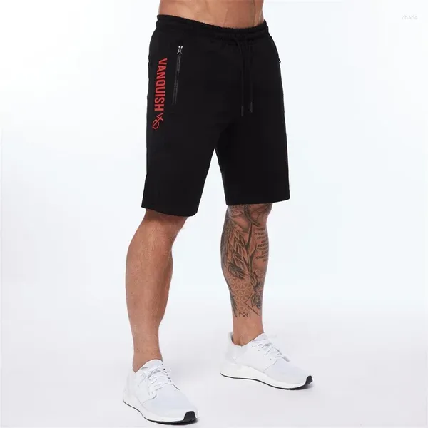 Herren-Shorts, lässig, Sport, Baumwolle, mit Reißverschluss, Hose, Basketball, Fitnessstudio, Laufen, Bodybuilding, knielang