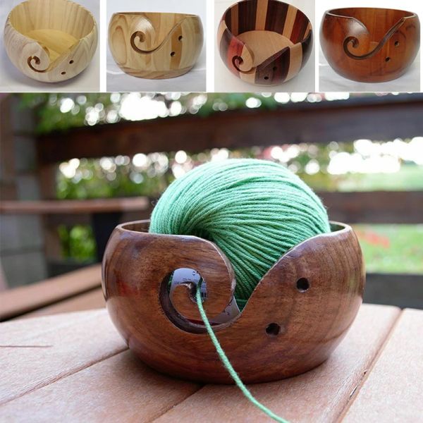 Ciotola per riporre il filato di legno naturale, lavorata a maglia all'uncinetto, in lana, per riporre gli oggetti, per cucire a casa, per maglieria fatta a mano