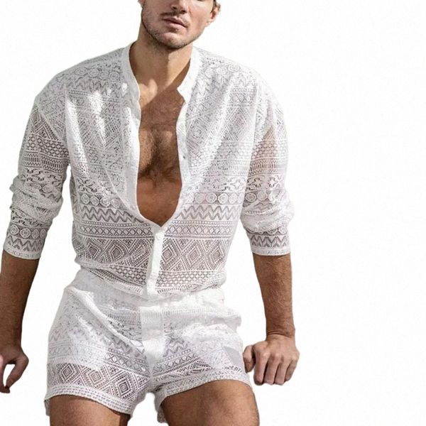 Novos conjuntos de ternos de duas peças dos homens de verão ver através de roupas de renda praia padrão liso impressão lg mangas compridas tops e shorts conjunto masculino z3hn #