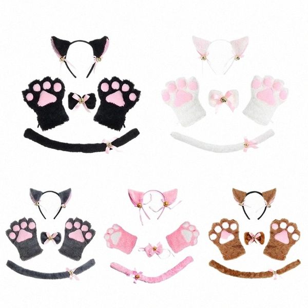 Novas Mulheres Lady Cat Kitty Maid Cosplay Set Plush Ear Bell Headband Bowknot Collar Gargantilha Cauda Patas Luvas Anime Lolita 28Yd #