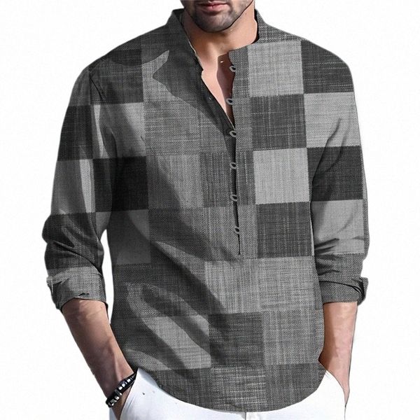 boêmio vintage xadrez impressão camisa masculina cott linho lg manga solta pulôver camisas outono casual butted gola camisas u1Pj #