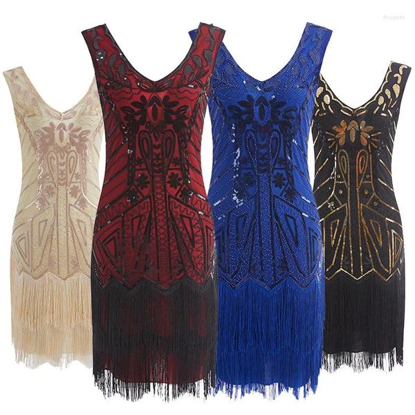 Vestidos casuais vintage 1920s flapper vestido art deco mulheres grande gatsby v pescoço sem mangas frisado coquetel para baile