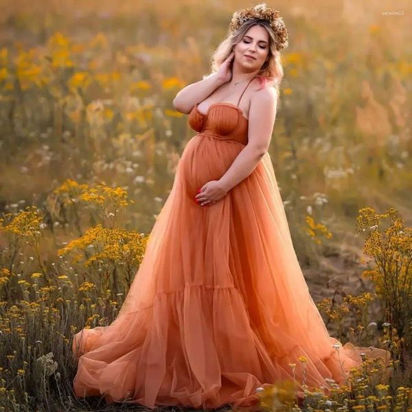 Partykleider Illusion Orange Umstandskleid für Frau Schatzausschnitt Spaghettiträger Schwangerschaft Vestidos Babyparty Pografie Requisiten