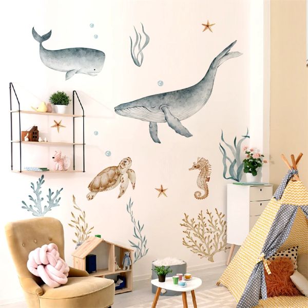 Adesivos grande aquarela dos desenhos animados subaquático mundo baleia tartaruga cavalo marinho coral adesivos de parede para quartos infantis berçário decoração do quarto do bebê vinil