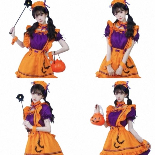 halen Cosplay Costume Bordado Maid Pumpkin Bat Magic Witch Coffee Shop Comic Show Performance Sweet Girl Cosplay Costume U10x #