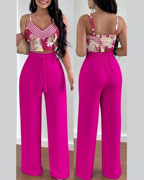 Calças femininas de duas peças conjunto de verão moda impressão sexy estilingue curto topo largo pé longo casual esportes elegante 2 peças