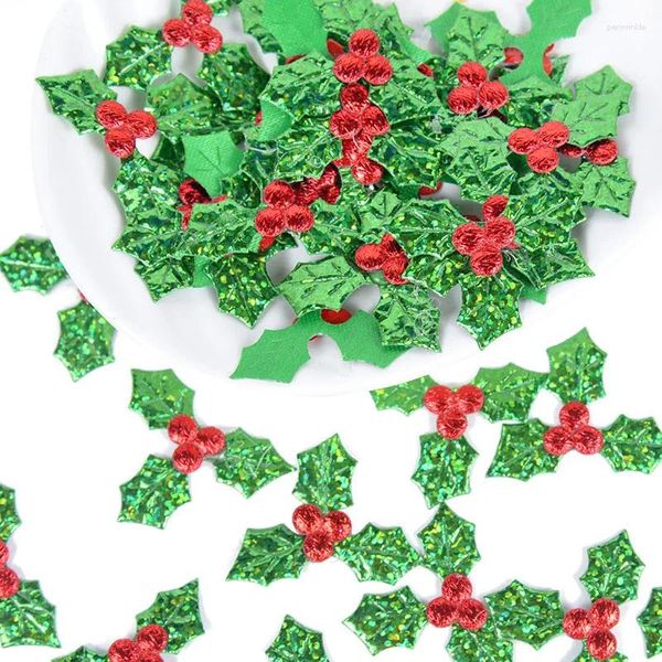 Decorazione per feste 100 pezzi Mini glitter Green Holly Leaf Berry Ornamento natalizio Foglie artificiali Accessori in tessuto artistico fai-da-te