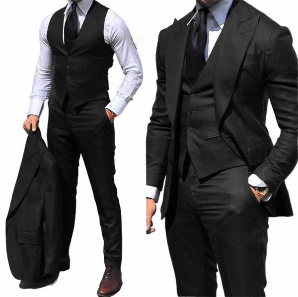 Abito da uomo nero 2024 Busin Office Jacket Pants Vest Set a tre pezzi Slim Fit Outfit Wedding Tuxedo per abiti maschili personalizzati O3Ll #