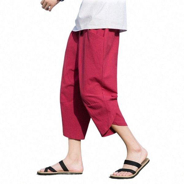 Pantaloni capri di lino e cott Pantaloni estivi di lino sottili da uomo Pantaloni da spiaggia casual Pantaloncini da uomo W9up #