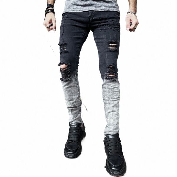Jeans elasticizzati Distred da uomo Cool Black Fi Skinny strappati Pantaloni hip-hop slim fit Fori Jeans con zip da uomo Party Casual v7qb #