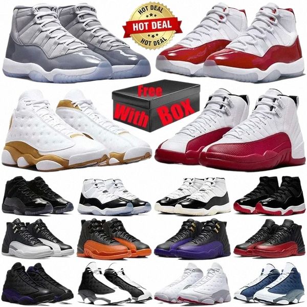 2024 Scarpe da corsa sportive alte J 11S 12S 13S Scarpe da basket per uomo Donna 11 Cemento grigio freddo Berretto e veste 12 13 Playoff Taxi Rosso Nero Flint Wheat Scarpe da uomo con scatola