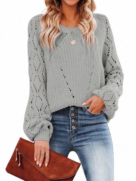 Europa und Amerika Kreuz Grenze 2023 Herbst/Winter Neue Feste Lose Top frauen Hohl Muster Pullover Rundhals stricken 68Cb #