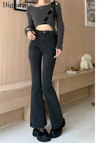 Calças de brim femininas primavera longa flared pant mulheres cintura alta coreano solto senhoras bell-bottom calças elásticas moda preta mulher calças