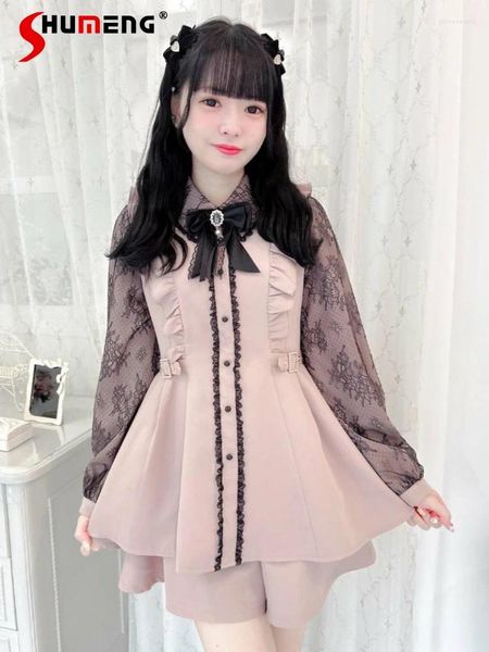 Abiti da lavoro Abbigliamento Lolita giapponese Autunno e inverno Rojita Pieghettato Fibbia laterale Colore abbinato Pizzo Mid-lrngth Top Girl Shorts Suit