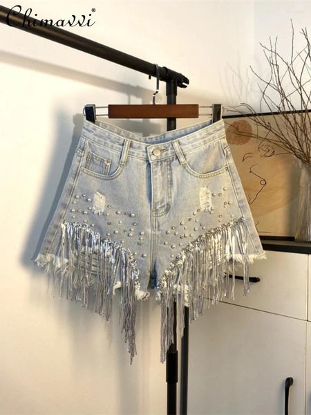 Frauen Jeans 2024 Sommer Mode Diamant Perlen Pailletten Kurze Hosen Streetwear Fransen Grat Denim Shorts Breite Bein Frauen