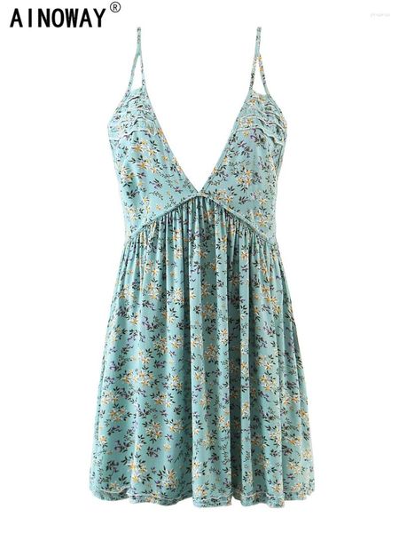 Vestidos casuais vintage mulheres verde floral impressão sem mangas praia boêmio cinta vestido senhoras profundo decote em v algodão boho mini sundress vestidos