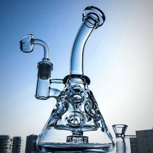 Fab Egg Glass Beaker Bongs Hookahs Showerhead Perc Swiss percolater Bong 9 polegadas Mini Recycler Dab Rig Tubulações de água Pequenas plataformas de petróleo Cera Bubbler Tubo liso MFE09