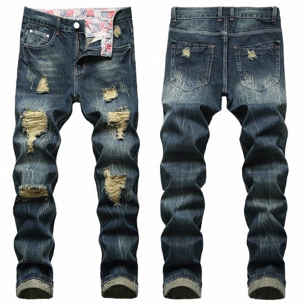 Pantaloni denim strappati casual da uomo Fi Lg Plus Size 28-42 Jeans Hole rovinato strappato Cott s blu scuro Dropship 80d2 #