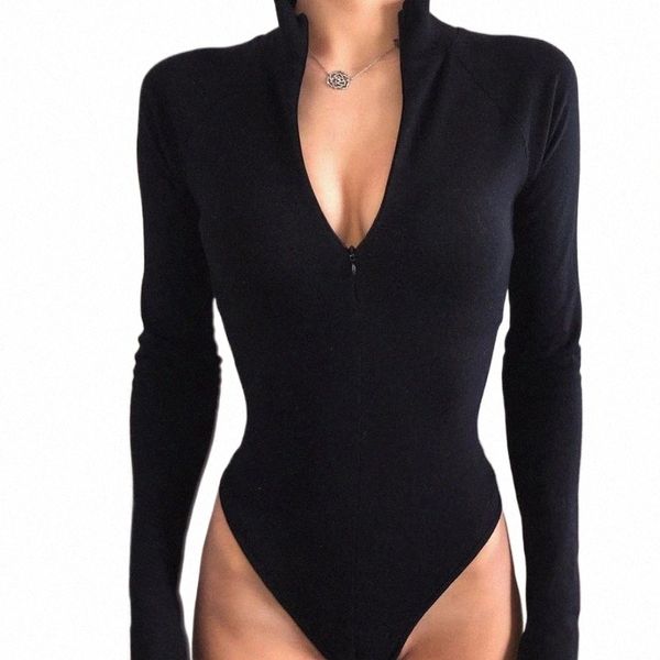 Xeemilo Y2K Solide Sexy Zipper Bodysuit Frauen Schwarz Oansatz Lg Hülse Dünne Bodyc T Hemd 2023 Nacht Party Clubwear Bodys K7BP #