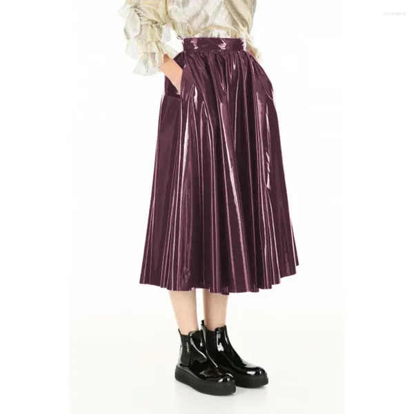 Gonne Vinile PVC Pelle Midi Elegante Donna Casual A-line Autunno Moda Streetwear Gonna a pattinatrice altalena a vita alta femminile