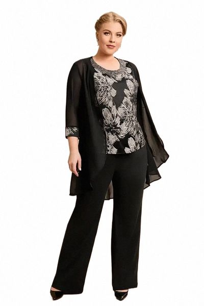 Conjuntos de calças femininas plus size mãe da noiva 3/4 manga três peças conjunto calça ternos fi floral impresso chiff xale outfit c4S3 #