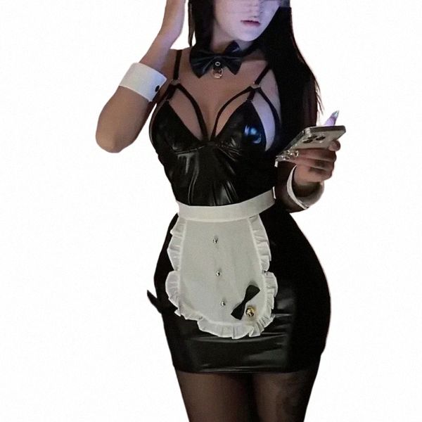 Coelho Girl Maid Uniform Set New Black Silk Nightgown Sexy Lingerie Couro Oco Spicy Girl Peito Profundo V Uniforme Uniforme MIL4 44aE #