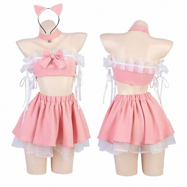 Anilv 2023 Anime Lolita Girl Cute Pink Cat Maid Unifrom Mulheres Alças Tops Bolo Saia Outfits Trajes Cosplay 03Tc #