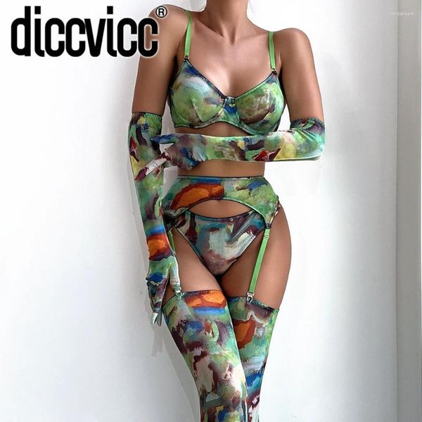 Комплекты бюстгальтеров Diccvicc Tie Dye, нижнее белье с чулками и перчатками, сексуальное нижнее белье, изысканные женские бюстгальтеры, трусы, экзотический комплект, интимный комплект, эротический костюм