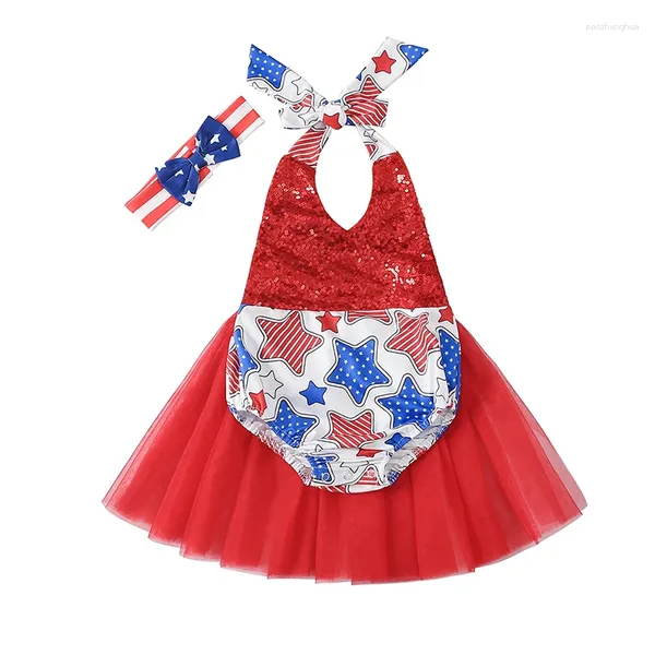 Conjuntos de roupas Dia da Independência Bebê Meninas Romper Outfit Estrela Impressão Lantejoulas Decoração Malha Saia Splicing Pendurado Pescoço Macacão Headwear