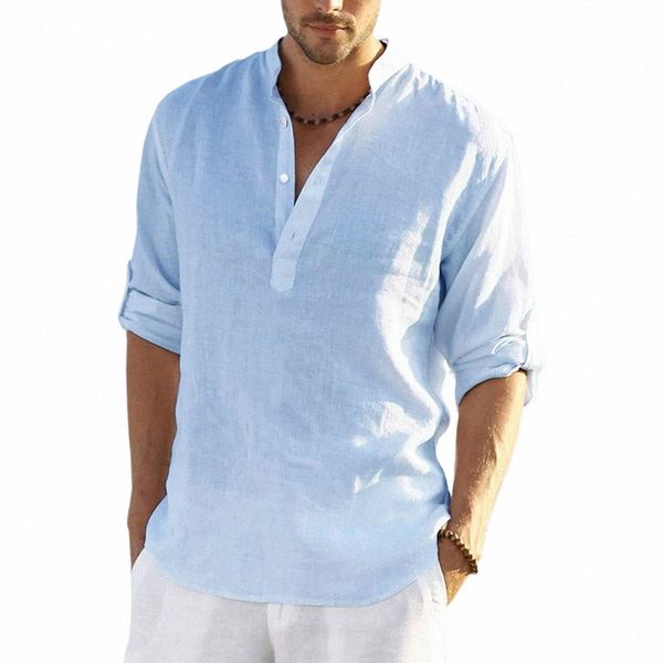 Camisa masculina de manga LG casual blusa Cott camisa de linho solta tops casuais camisas masculinas bonitas n6IS #