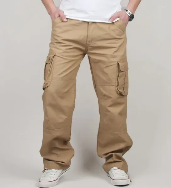 Calças masculinas plus size carga longa comprimento total calças de perna reta masculino casual multi 6 bolsos combate militar tático preto verão