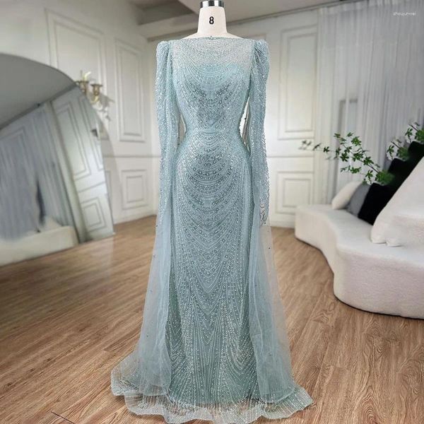 Vestidos de festa sereno hill turquesa capa mangas luxo frisado sereia árabe vestidos de noite para casamento feminino 2024 gla72185