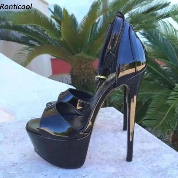 Sapatos de vestido Ronticool Mulheres Verão Sandálias Ankle Strap Sexy Stiletto Saltos Aberto Toe Elegante Preto Brilhante Senhoras Tamanho 5-20