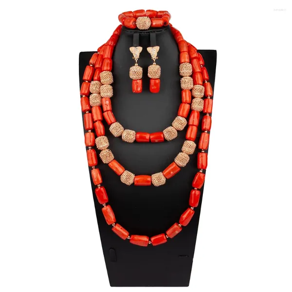 Colar brincos conjunto original coral africano contas jóias grandes três camadas traje de casamento nigeriano abs174